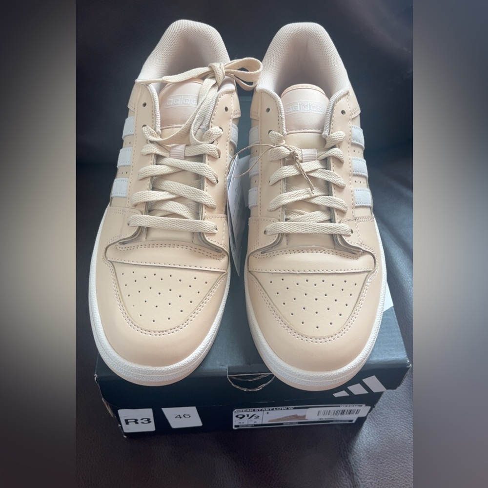 adidas Beige Low-Top Sneakers with White Stripes and Cream Laces